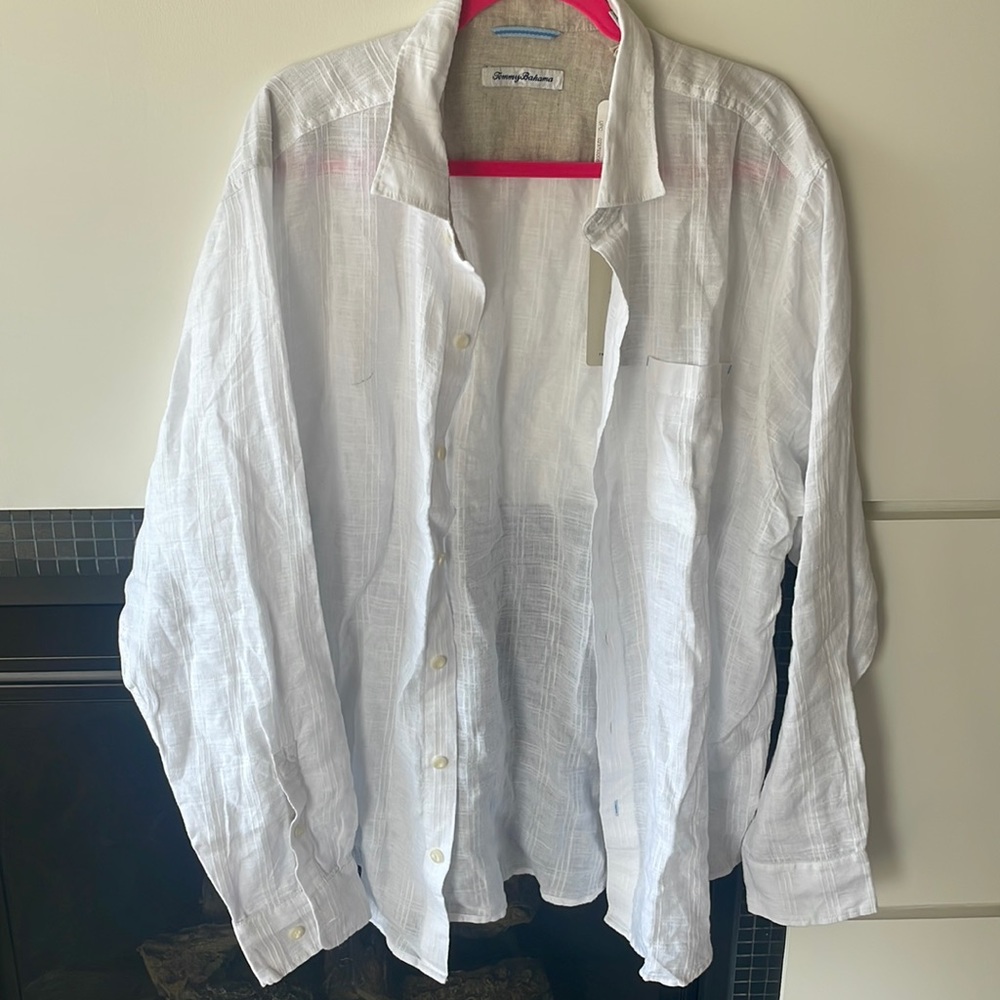 MENS TOMMY BAHAMA WHITE LINEN DRESS SHIRT WITH STRIPES SIZE XLARGE NWT